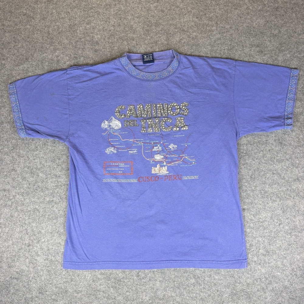 Vintage Puerta Del Sol Cusco Peru Caminos Del Inca Graphic Tee Shirt Purple Sz 1